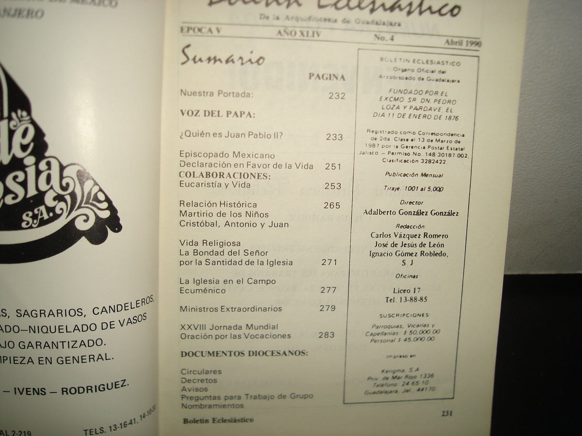 10- Boletín Eclesiástico De +La Arquidiócesis De Guadalajara. Época V Año Xliv Número 4 - 1990