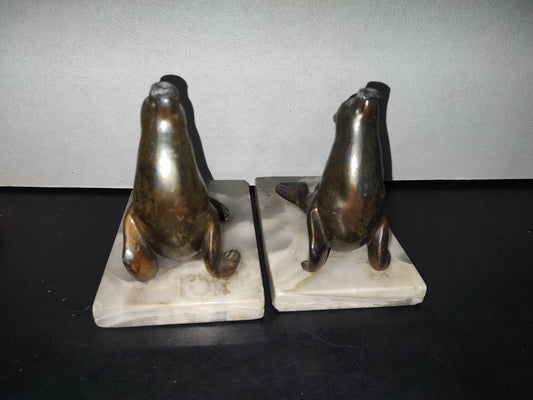 A3- Antiguos Sujetalibros De Focas Con Base De Mármol - 60'S - 70'S