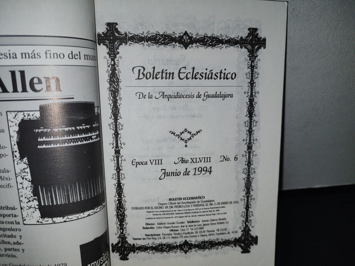 78- Boletín Eclesiástico De La Arquidiócesis De Guadalajara. No. 6, Año Xlviii, Junio 94