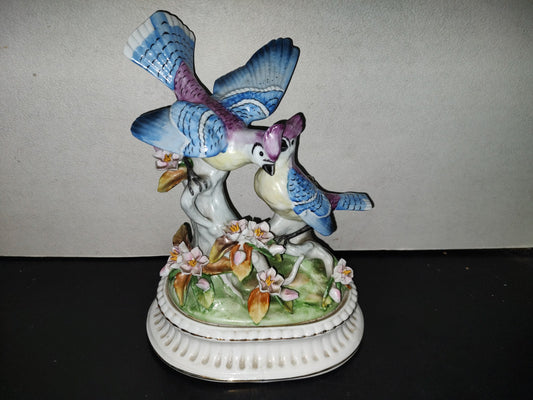 A5- Pieza Vintage Grande De Porcelana Mexicana: Arrendajos Revoloteando Sobre Tronco - 80's