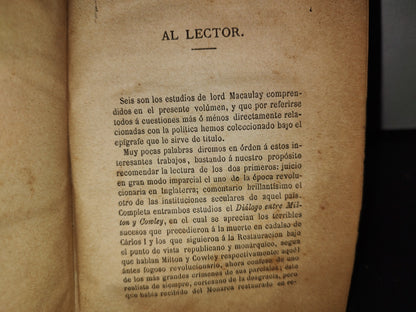 63- Estudios Políticos - Lord Macaulay. Madrid. Imprenta Central A Cargo De Víctor Saiz, 1879