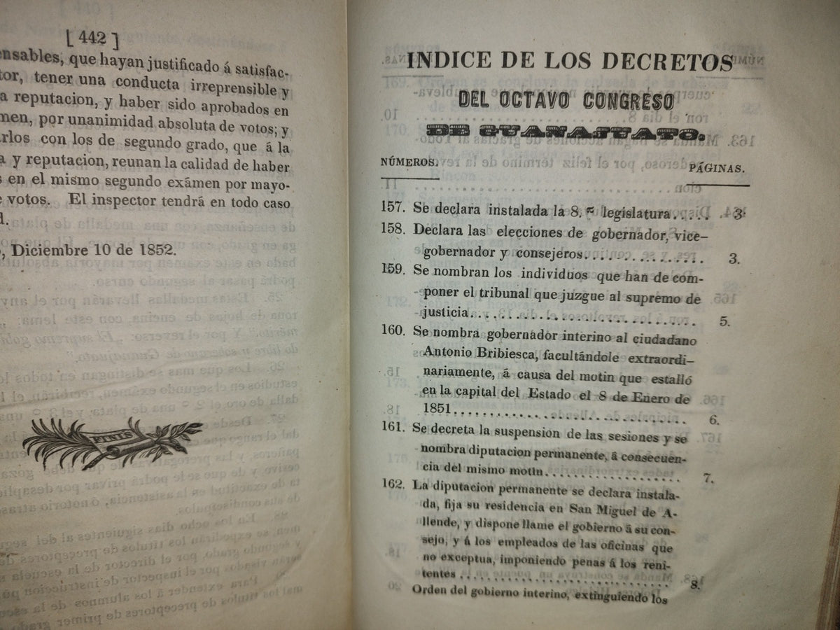 60- Decretos Expedidos Por El Octavo Congreso Constitucional Del Estado De Guanajuato, En Los Años De 1851 Y1852: Y Reglamentos Del Gobierno - Guanajuato, Impresor Por Felix Conejo Calle Del Ensaye Viejo, Número 3. - 1852