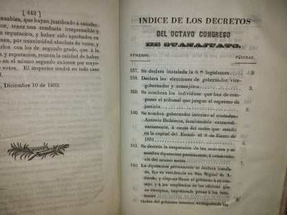60- Decretos Expedidos Por El Octavo Congreso Constitucional Del Estado De Guanajuato, En Los Años De 1851 Y1852: Y Reglamentos Del Gobierno - Guanajuato, Impresor Por Felix Conejo Calle Del Ensaye Viejo, Número 3. - 1852