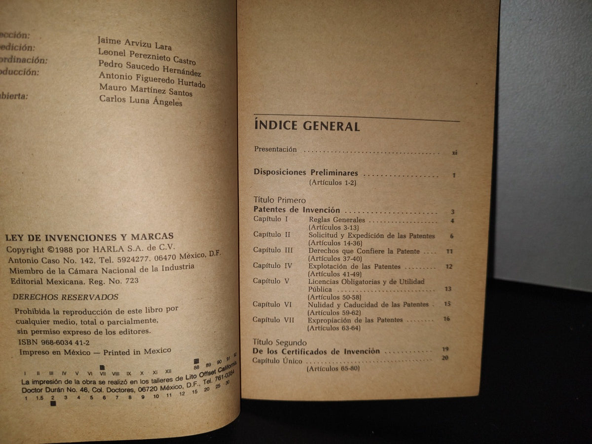 84- Ley De Invenciones Y Marcas - Colección Leyes Mexicanas - 1988 Harla S. A. De C. V.