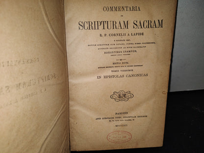 59- Latín. Commentaria In Scripturam Sacram. Tomus Vigesimus - R. P. Cornelii A. Lapide - 1891