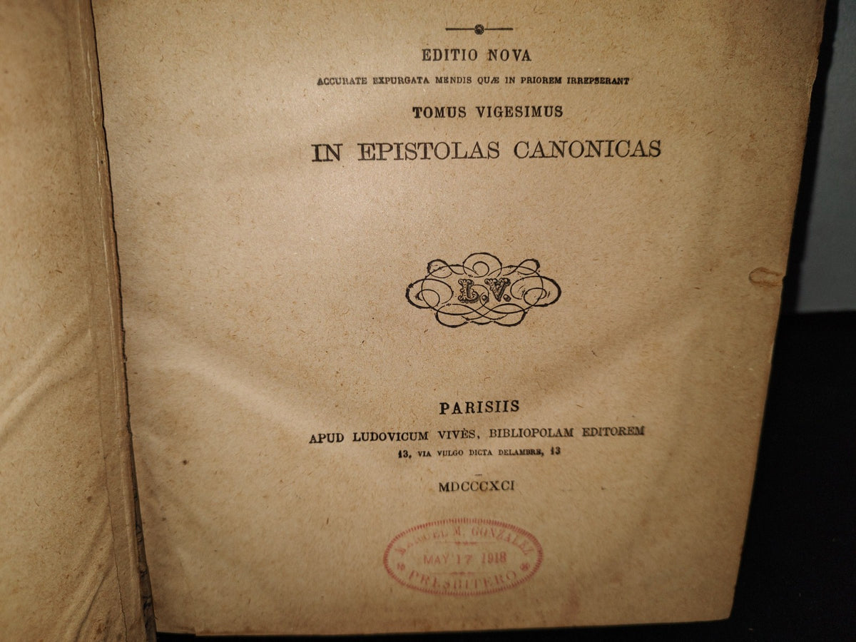 59- Latín. Commentaria In Scripturam Sacram. Tomus Vigesimus - R. P. Cornelii A. Lapide - 1891