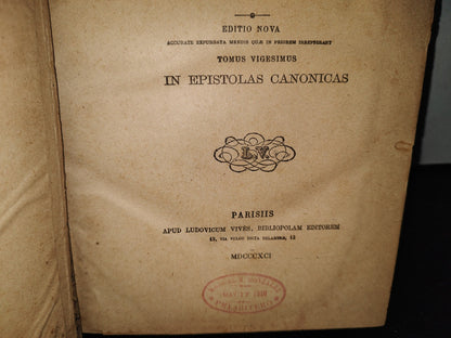 59- Latín. Commentaria In Scripturam Sacram. Tomus Vigesimus - R. P. Cornelii A. Lapide - 1891