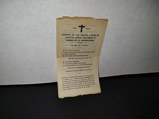 A10C1-2- Antigua Hoja De Oración: Rosario De Las Santas Llagas De Nuestro Señor Jesucristo - 1925