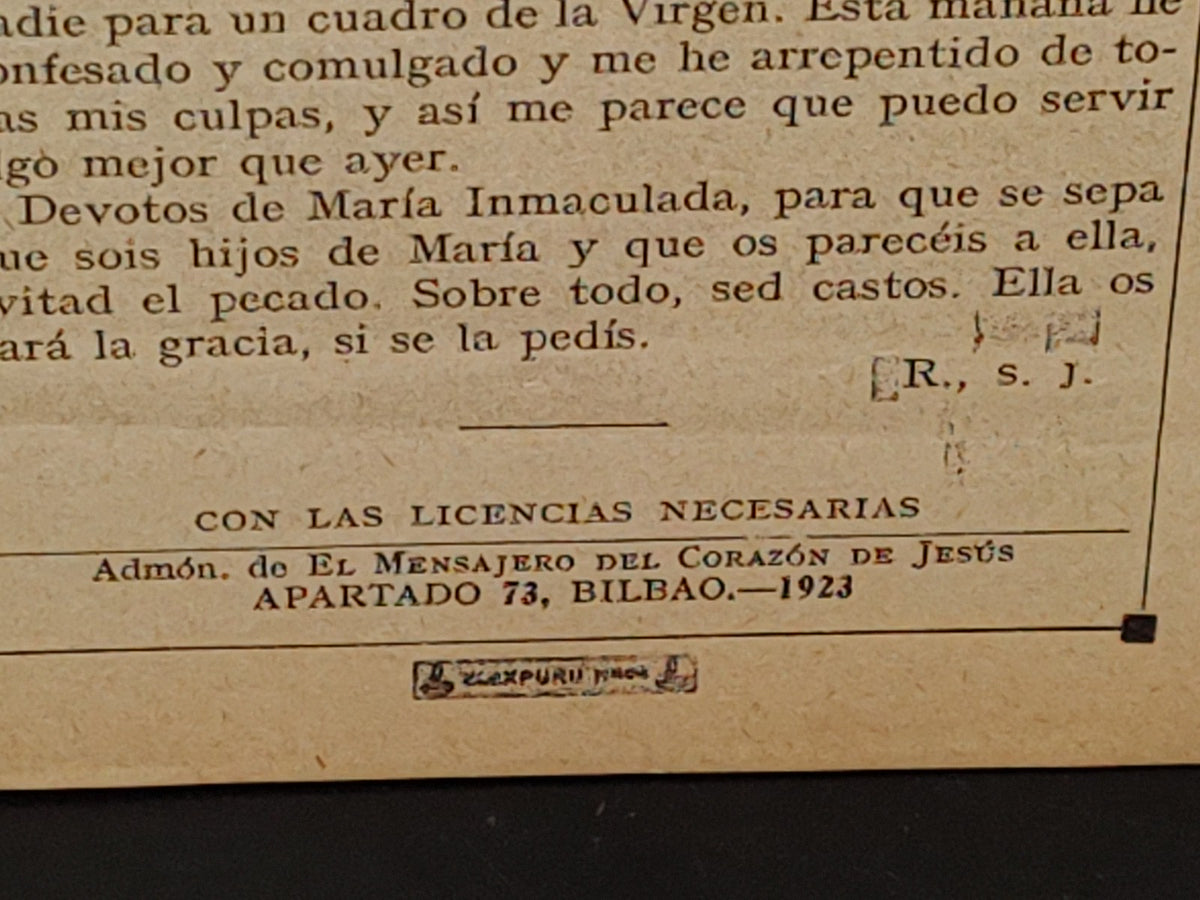 A10C1-2- Antigua Hoja De Oración: Remedio Para Ser Castos - 1923