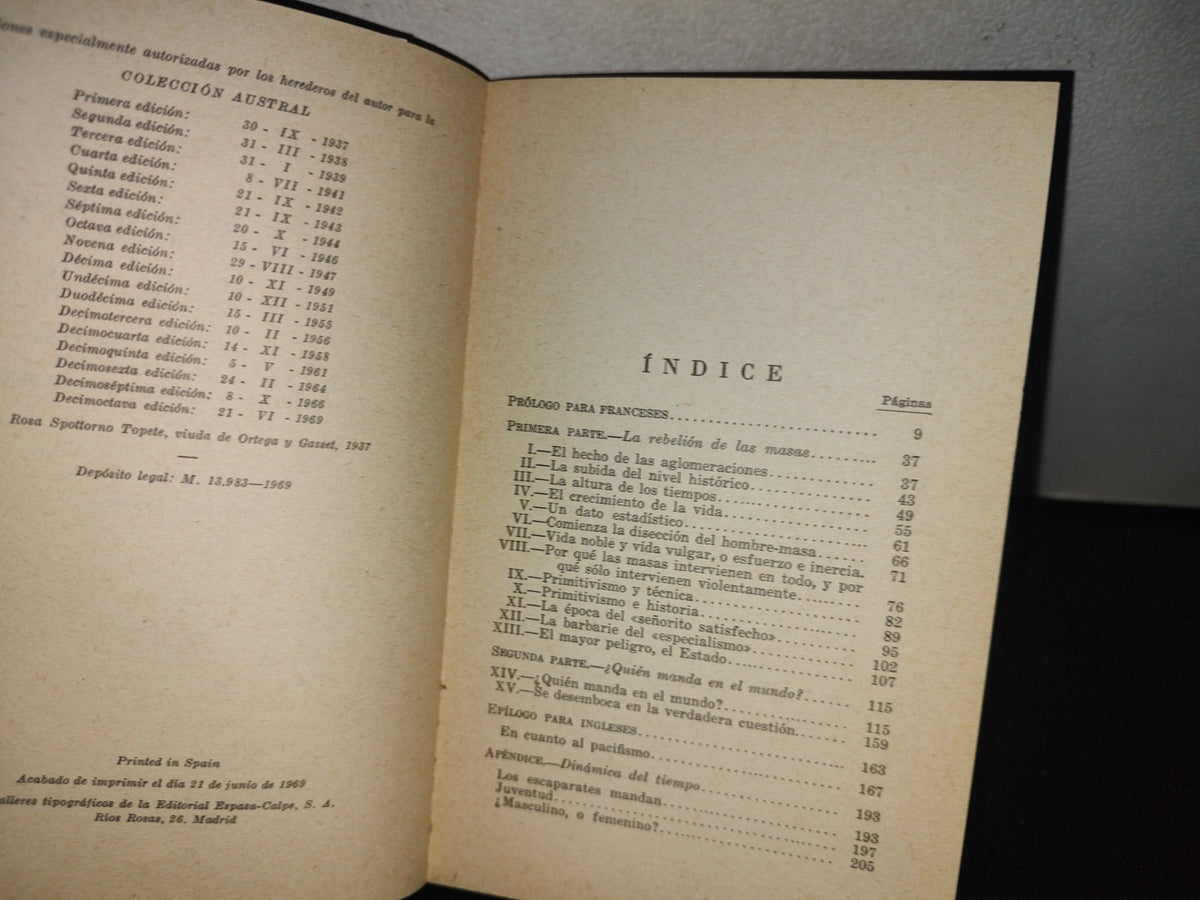 101- La Rebelión De Las Masas - José Ortega Y Gasset - Colección Austral - 1969