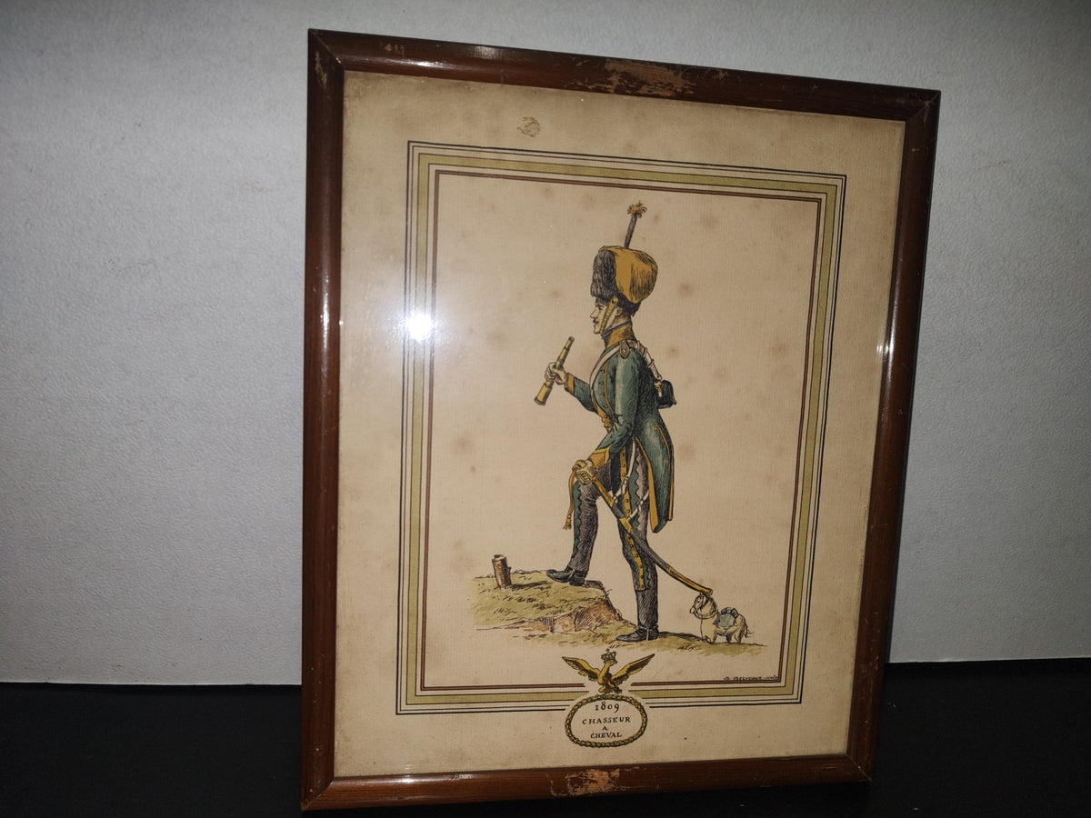 A1- Antigua Litografía Francesa Enmarcada: 1809 Chasseur À Cheval - D. Derveaux Sculptor 50'S, 70'S