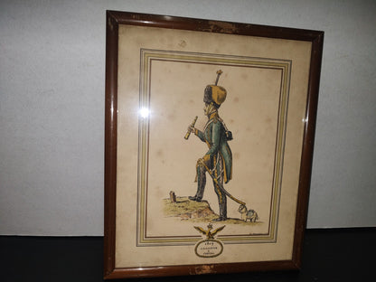 A1- Antigua Litografía Francesa Enmarcada: 1809 Chasseur À Cheval - D. Derveaux Sculptor 50'S, 70'S