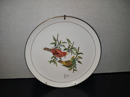A3- Plato Vintage De Cerámica Esmaltada Pintado A Mano. Pinzones Sobre Ramas De Árbol - 70'S