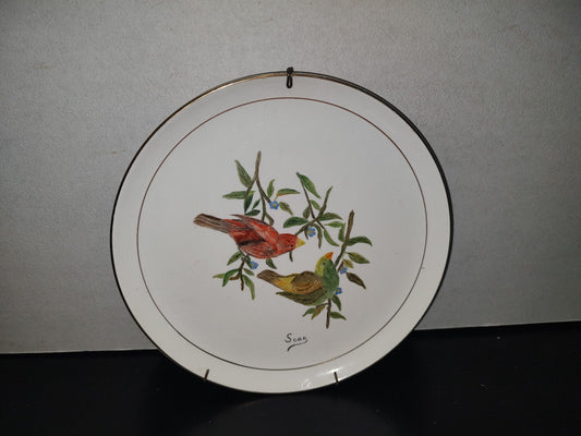 A3- Plato Vintage De Cerámica Esmaltada Pintado A Mano. Pinzones Sobre Ramas De Árbol - 70'S