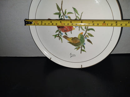 A3- Plato Vintage De Cerámica Esmaltada Pintado A Mano. Pinzones Sobre Ramas De Árbol - 70'S