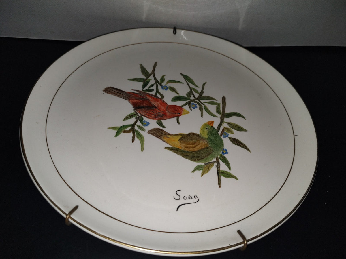 A3- Plato Vintage De Cerámica Esmaltada Pintado A Mano. Pinzones Sobre Ramas De Árbol - 70'S