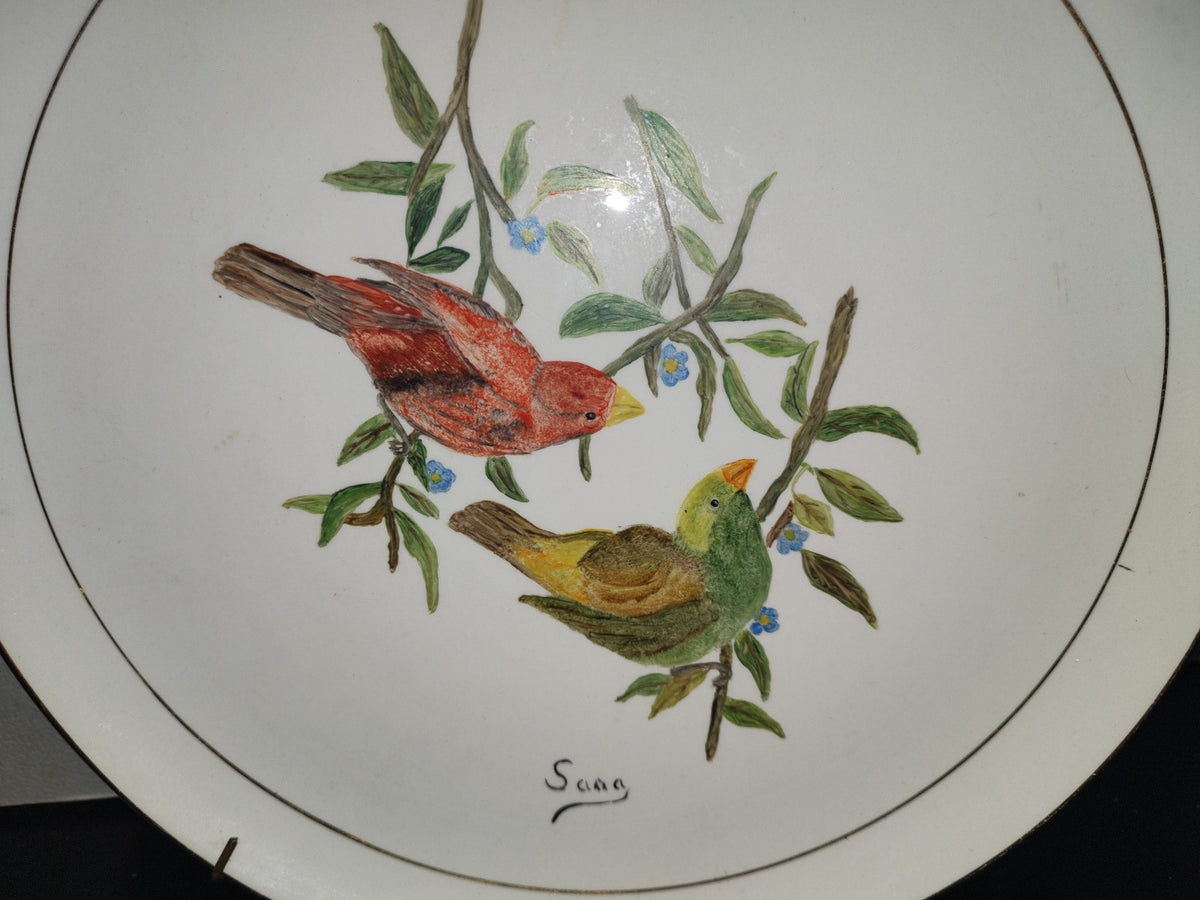 A3- Plato Vintage De Cerámica Esmaltada Pintado A Mano. Pinzones Sobre Ramas De Árbol - 70'S