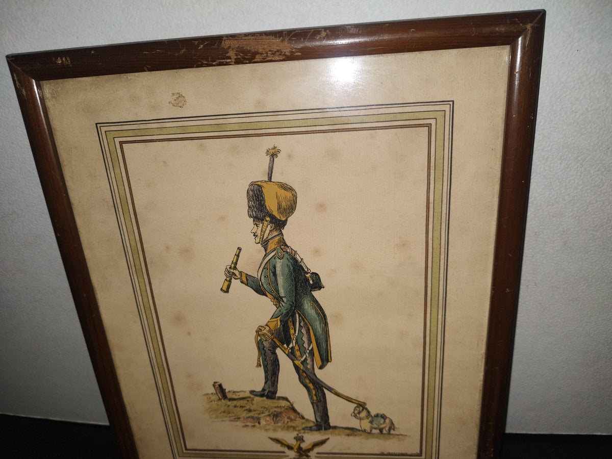 A1- Antigua Litografía Francesa Enmarcada: 1809 Chasseur À Cheval - D. Derveaux Sculptor 50'S, 70'S