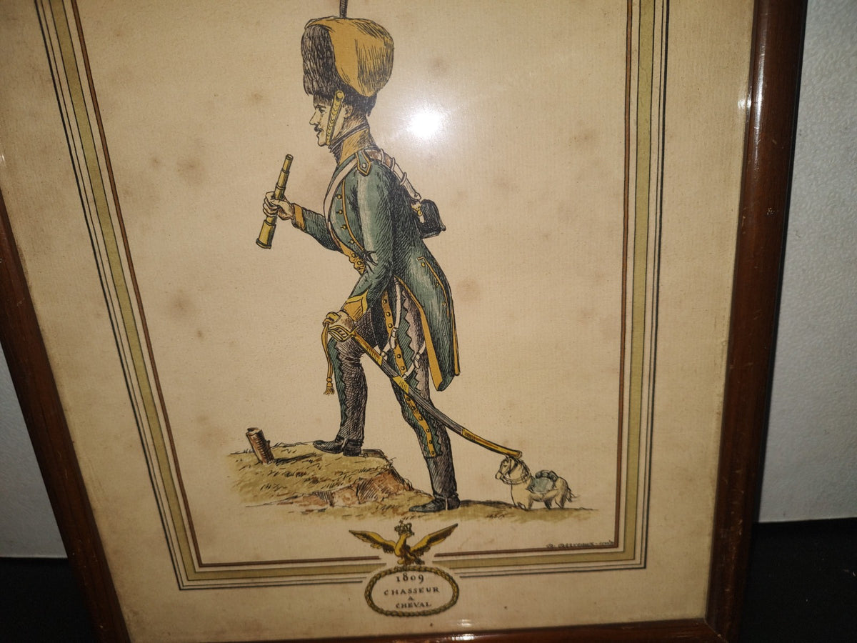 A1- Antigua Litografía Francesa Enmarcada: 1809 Chasseur À Cheval - D. Derveaux Sculptor 50'S, 70'S