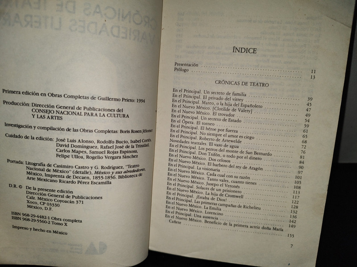 68- Obras Completas X. Guillermo Prieto. Crónicas De Teatro Y Variedades Literarias. 1A. Ed. 1994