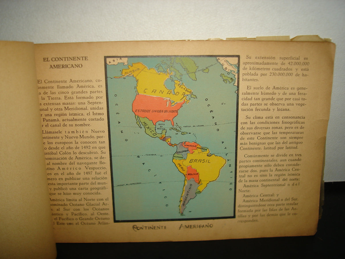 20- Antiguo Libro De Geografía. Continente Americano, Geografía Elemental -José Mateo Rodríguez 1938