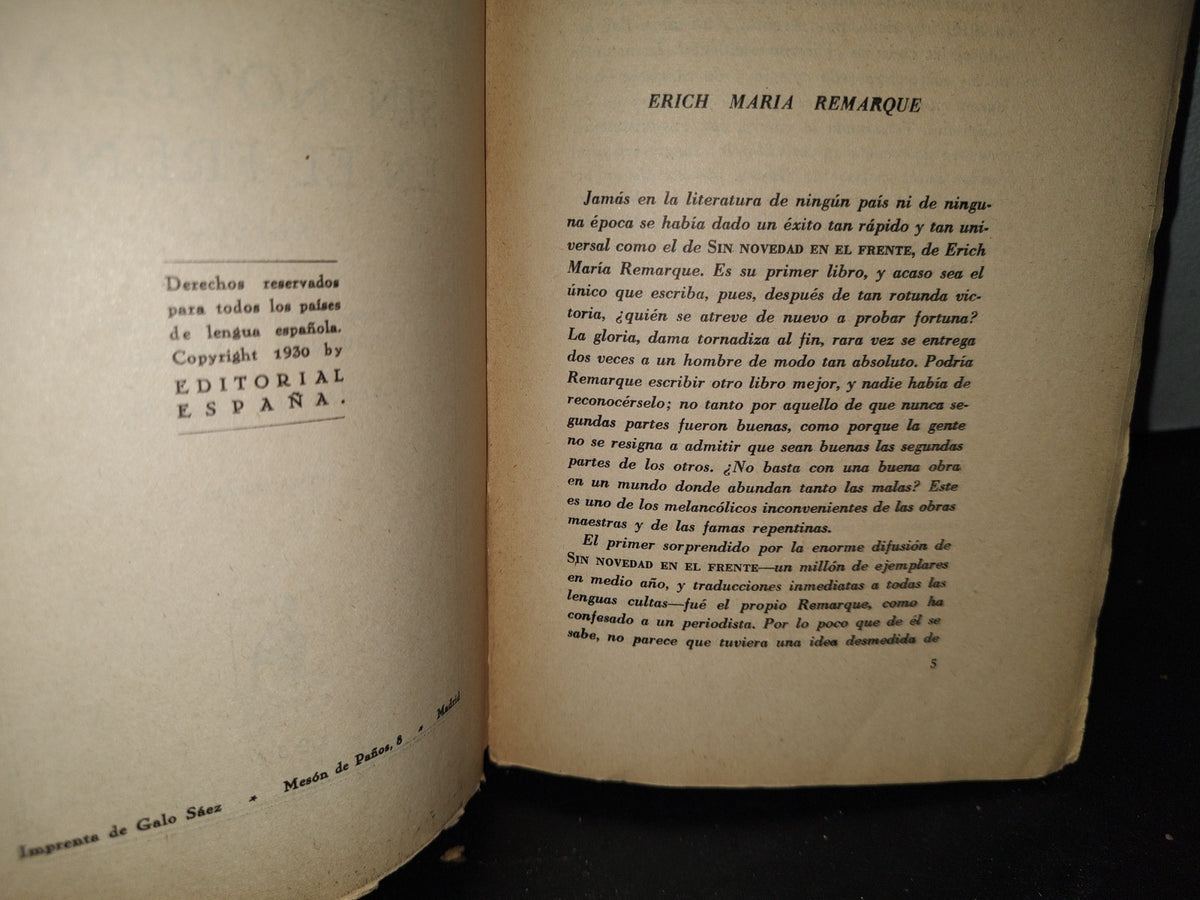 64- Sin Novedad En El Frente - Erich María Remarque - Editorial España, Madrid. 1930
