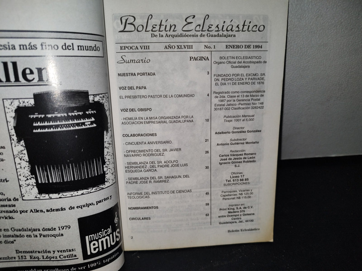 172- Boletín Eclesiástico De La Arquidiócesis De Guadalajara. Año Xlviii, No. 1, Enero De 1994