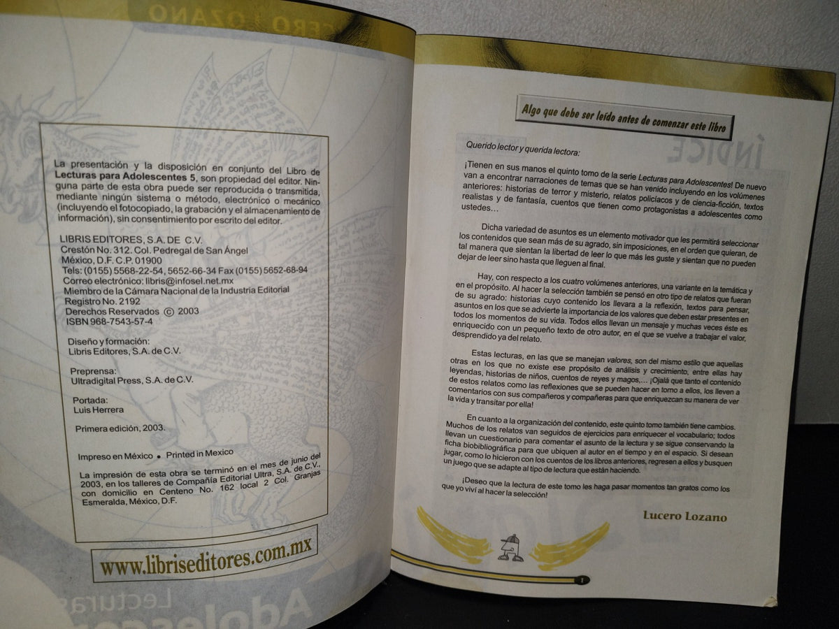 145- Lecturas Para Adolescentes. Tomo 5 - Lucero Lozano - Libris Editores 2003