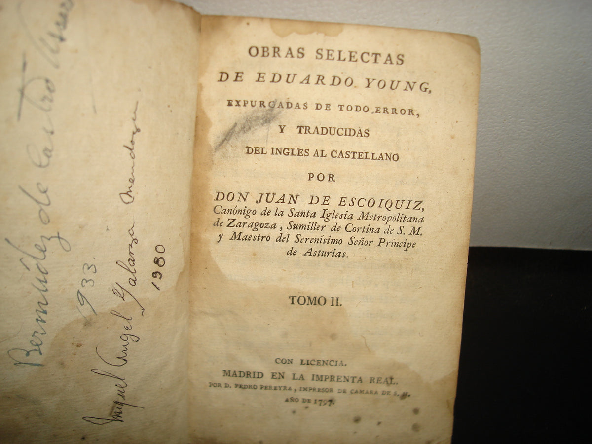 163- Obras Selectas De Eduardo Young. Tomo II. Con Licencia. Madrid En La Imprenta Real, 1797
