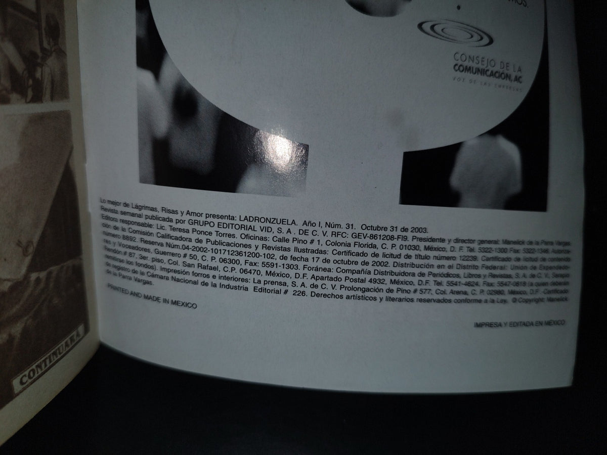 123- Lo Mejor De Lágrimas Y Risas Presenta: Ladronzuela. Umbral - Año I, No. 31, Octubre 2003