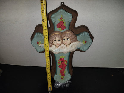 A6- Antiguo Crucifijo Grande Infantil Con Ángeles Y Rosas - 60'S - 70'S