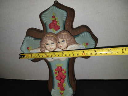 A6- Antiguo Crucifijo Grande Infantil Con Ángeles Y Rosas - 60'S - 70'S