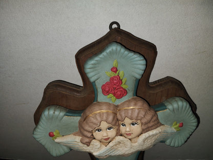 A6- Antiguo Crucifijo Grande Infantil Con Ángeles Y Rosas - 60'S - 70'S