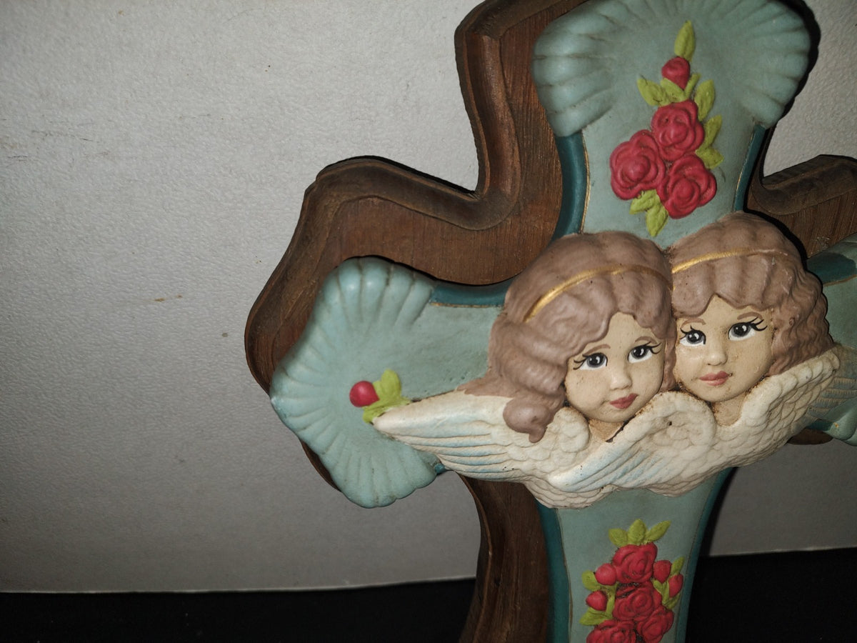 A6- Antiguo Crucifijo Grande Infantil Con Ángeles Y Rosas - 60'S - 70'S