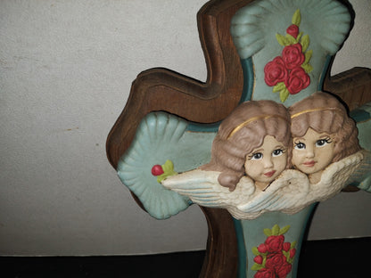 A6- Antiguo Crucifijo Grande Infantil Con Ángeles Y Rosas - 60'S - 70'S