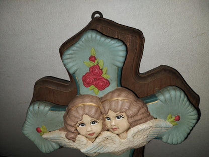 A6- Antiguo Crucifijo Grande Infantil Con Ángeles Y Rosas - 60'S - 70'S
