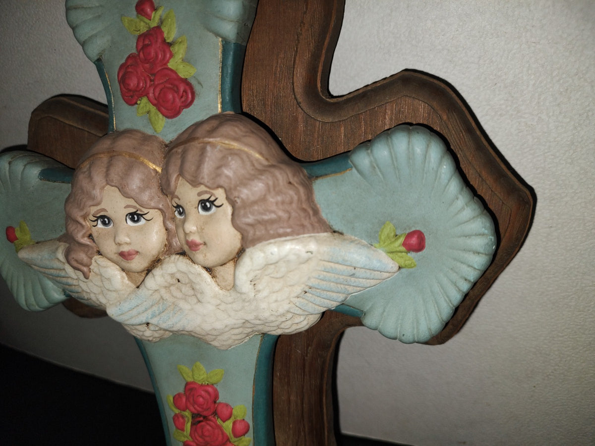 A6- Antiguo Crucifijo Grande Infantil Con Ángeles Y Rosas - 60'S - 70'S