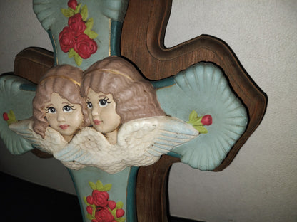 A6- Antiguo Crucifijo Grande Infantil Con Ángeles Y Rosas - 60'S - 70'S