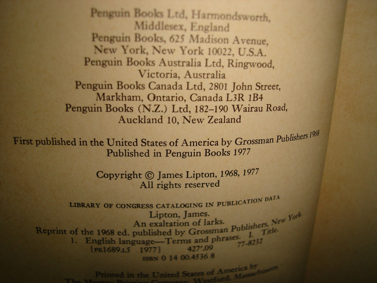 167- An Exaltation Of Larks Or, The Venerable Game - James Lipton - 1977
