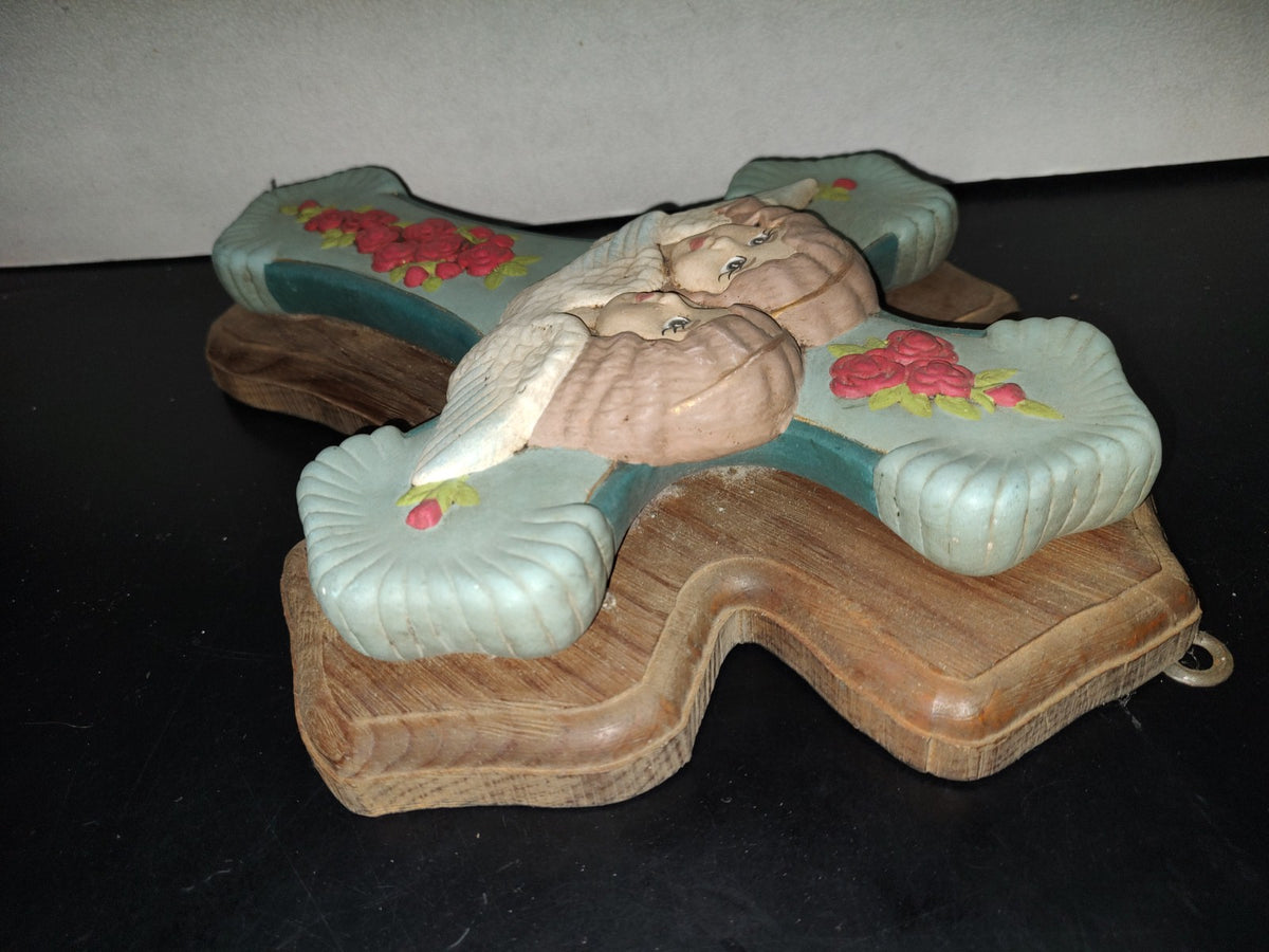 A6- Antiguo Crucifijo Grande Infantil Con Ángeles Y Rosas - 60'S - 70'S