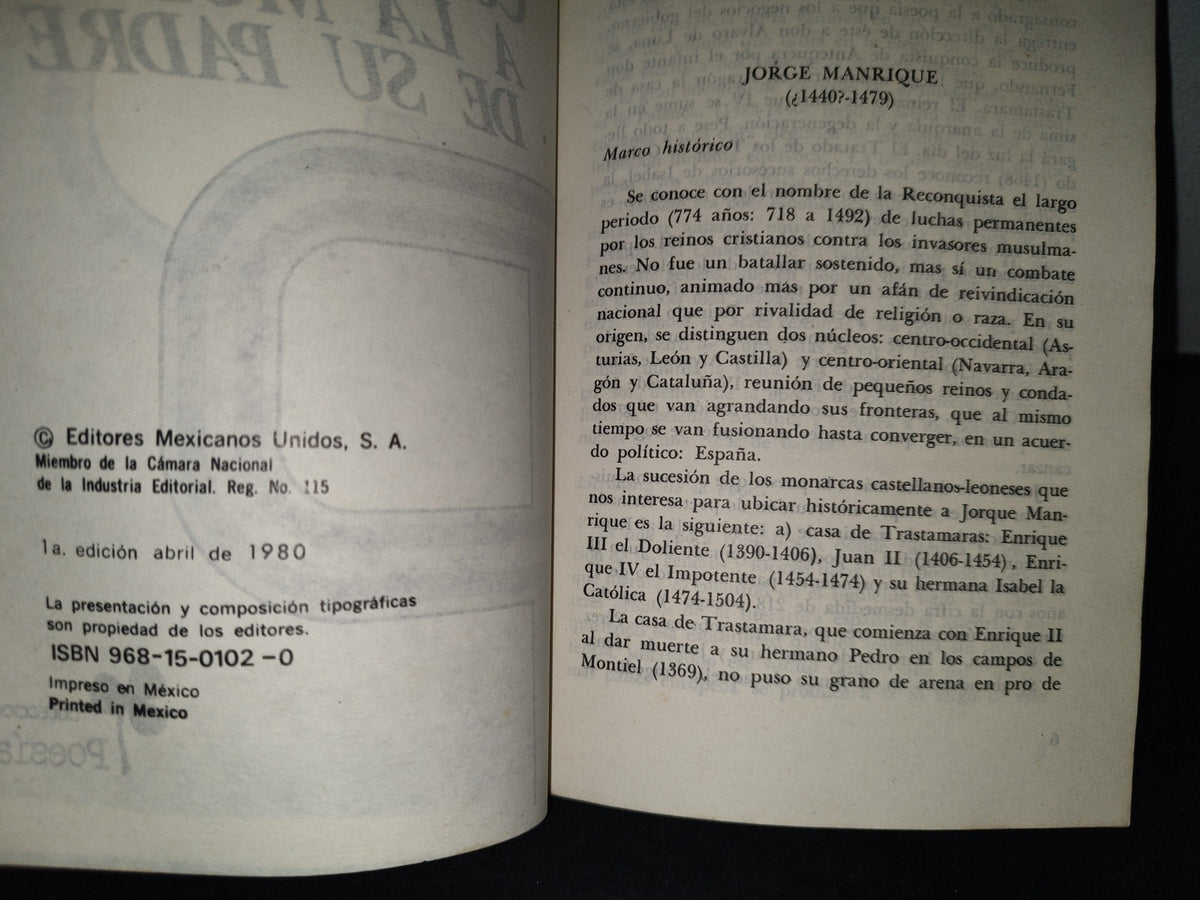 199- Coplas A La Muerte De Su Padre Y Otras Poesías - Jorge Manrique. Editores Mexicanos Unidos. 1A.