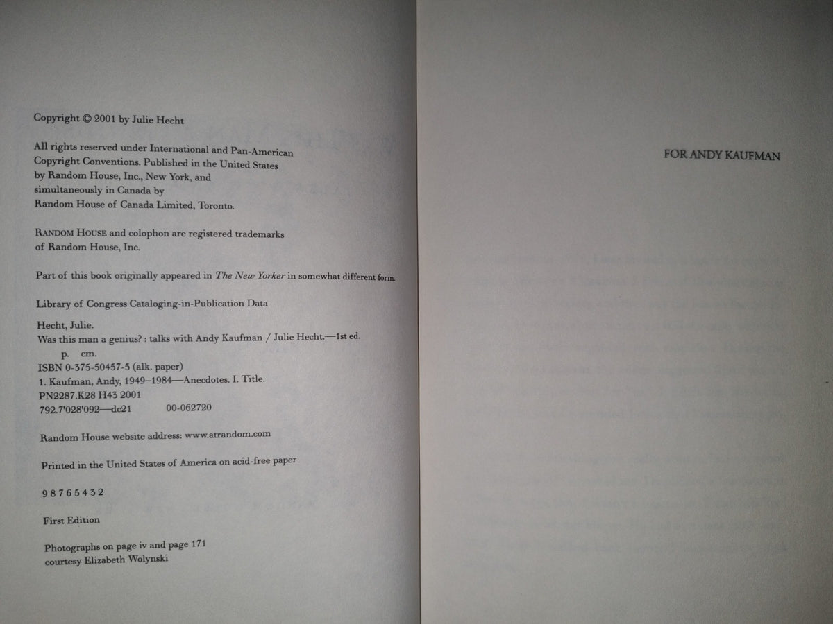 220- Was This Man A Genius? Talks With Andy Kaufman - Julie Hecht. Random House. First Edition 2001