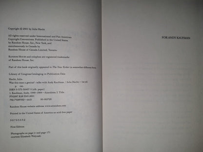 220- Was This Man A Genius? Talks With Andy Kaufman - Julie Hecht. Random House. First Edition 2001