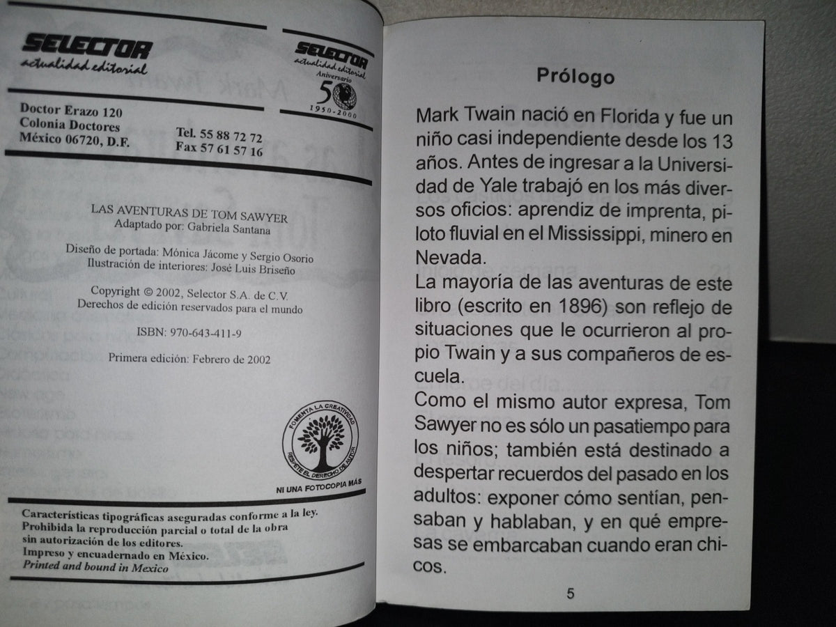 199- Las Aventuras De Tom Sawyer Para Niños - Mark Twain. Selector. Primera Edición 2012