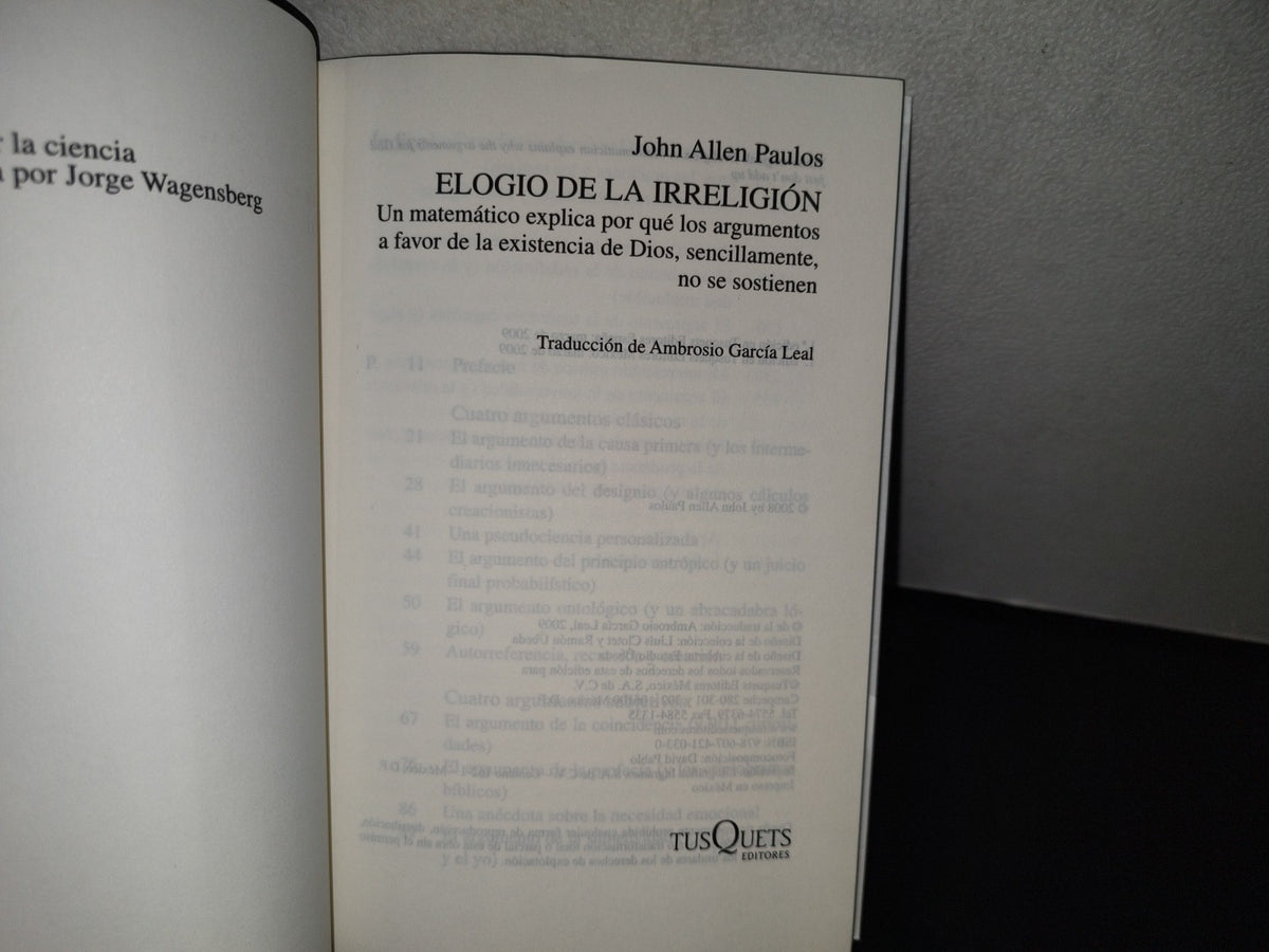 188- Elogio De La Irreligión - John Allen Paulos - Primera Edición 2009
