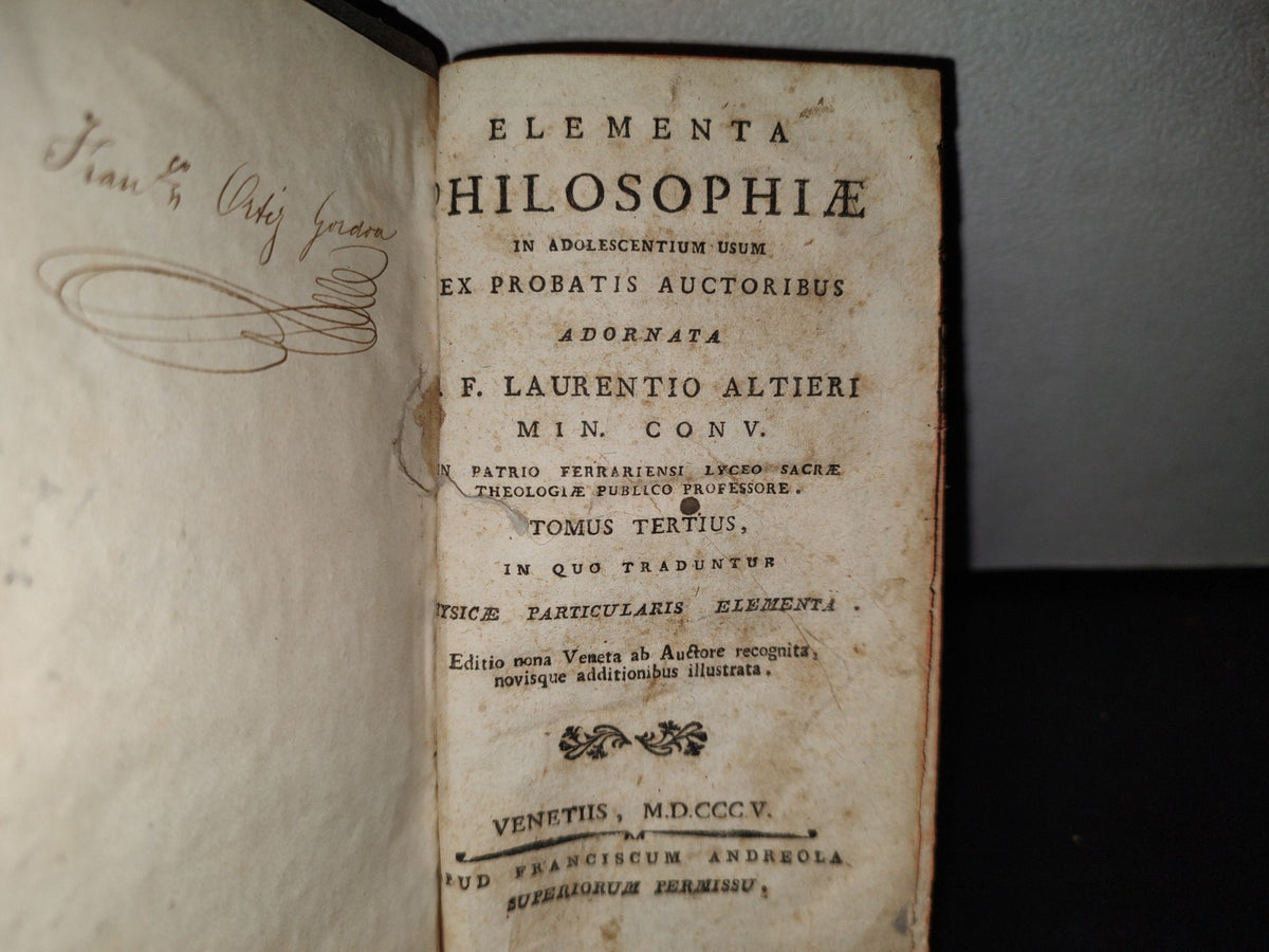 60- Latín. Elementa Philosophiae - Laurentio Altieri - Tomus Tertius - 1805