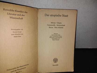 128- Der Utopische Staat. Morus, Utopia, Campanella, Sonnenstaat, Bacon, Neu-Atlantis - 1960