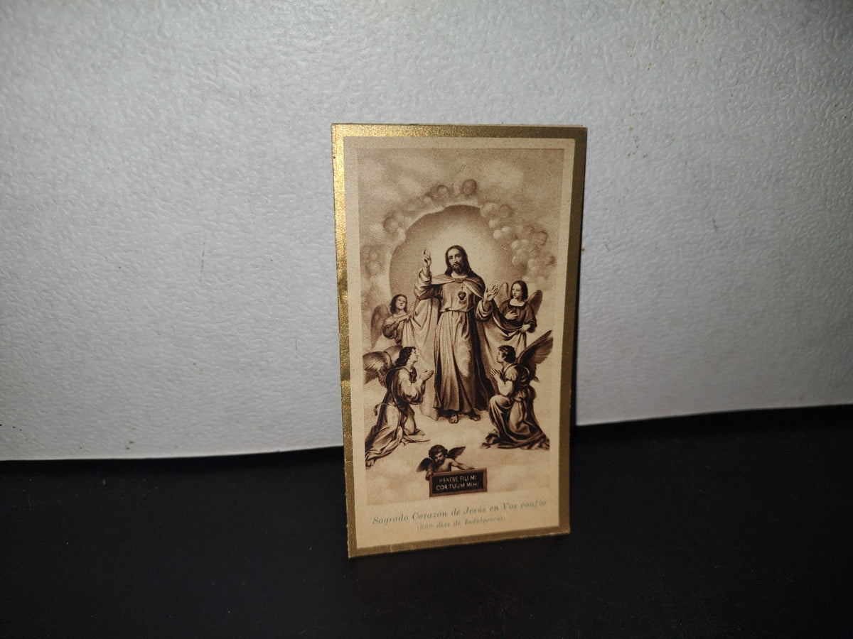 A10C1-2- Preciosa Estampa Con Oración: El Sagrado Corazón De Jesús Con Ángeles Adorándolo - 1933