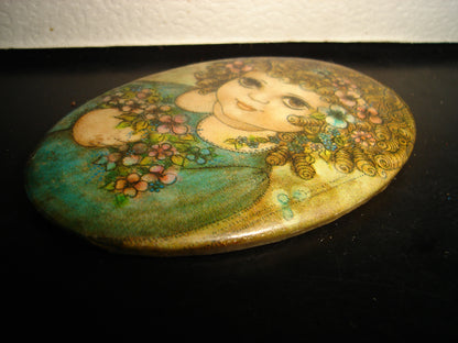 A2- Antiguo Espejito. Niña De Rizos Con Ramo De Flores - Años 70'S - 80'S