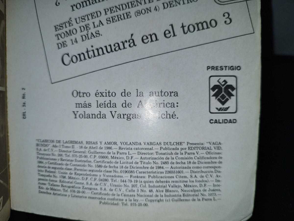 143- Clásicos De Lágrimas Y Risas. Vagabundo En 4 Tomos. Yolanda Vargas Dulché - Tomo 2, 1986